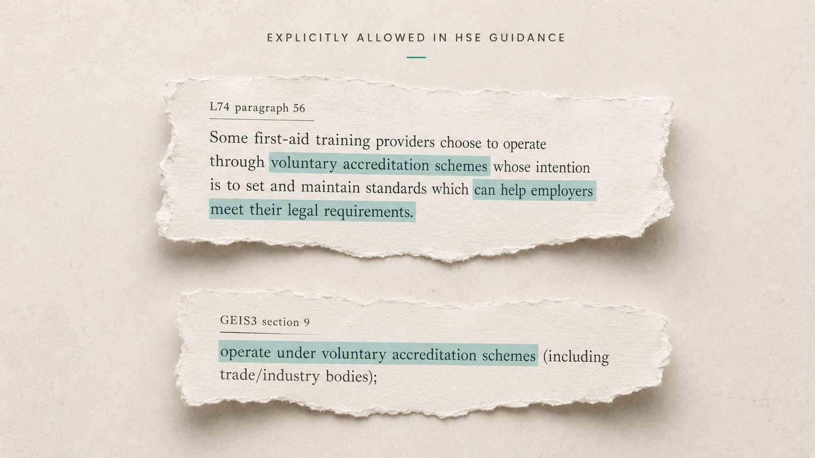 Two torn-paper extracts: HSE guidance L74 paragraph 56, stating that voluntary accreditation schemes can help employers meet legal requirements; and GEIS3 section 9, stating that providers may operate under voluntary accreditation schemes including trade or industry bodies.
